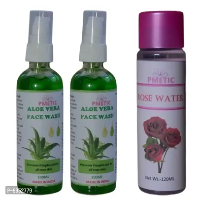 Pmetic Aloevera Face Wash 200ml, Rose Water 100ml For Face Man  Woman
