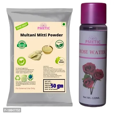 Pmetic Multani mitti Powder 50gm, Rose Water 100ml, For Face-thumb0