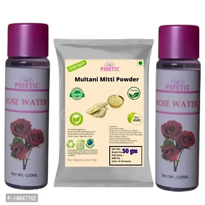 Pmetic Multani mitti Powder 50gm, Rose Water 200ml, For Face-thumb0