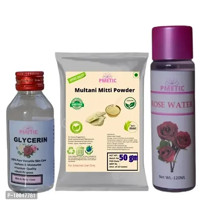 Pmetic Multani mitti Powder 50gm, Rose Water 100ml,Glycerin 100ml, For Face