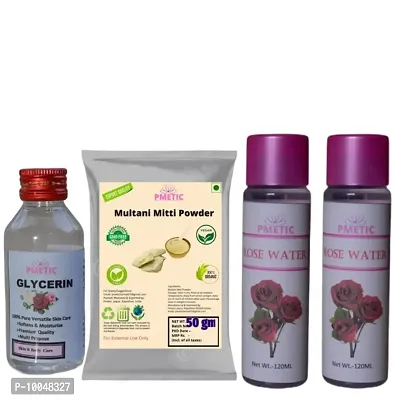Pmetic Multani Mitti Powder 50gm, Rose Water 200ml, Glycerin 100ml For Face