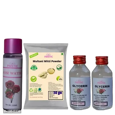 Pmetic Multani Mitti Powder 50gm, Glycerin 200ml, Rose Water 100ml, For Face