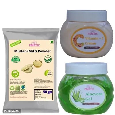 Pmetic Multani Mitti powder 50gm,Aloevera Gel 200gm, Vitamin-C Cream 200gm For Face