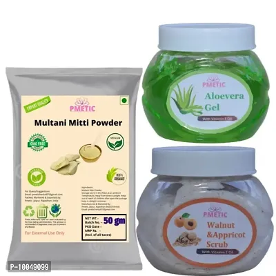 Pmetic Multani Mitti powder 50gm,Aloevera Gel 200gm, Walunt  Appricot Scrub 200gm,For Face