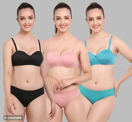 Stylish Multicoloured Self Pattern Bra And Panty Set For Women Pack Of 3-thumb0