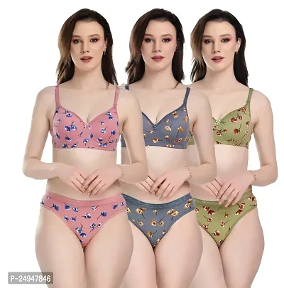 Stylish Multicoloured Self Pattern Bra And Panty Set For Women Pack Of 3