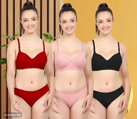 Stylish Multicoloured Self Pattern Bra And Panty Set For Women Pack Of 3-thumb0