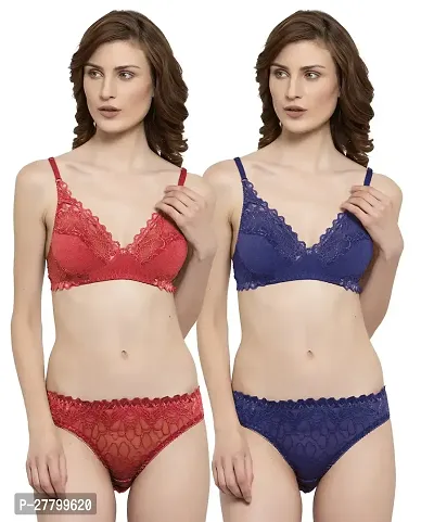 Women Net Bra Panty Set for Lingerie Set Pack of 2  Color : Red,Blue-thumb0