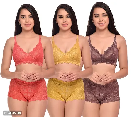 Stylish Multicoloured Self Pattern Bra And Panty Set For Women Pack Of 3-thumb0