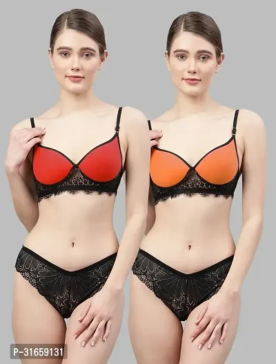 Women Red,Orange Net Bra Panty Set|Lingerie Set|Honeymoon Night Dress Wedding|Valentine Beautiful Gift for Girl|Bra Panty Set for Women with Sexy|Bra Panty Set for Women-thumb0