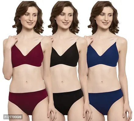 Women Cotton Bra Panty Set for Lingerie Set Pack of 3  Color : Maroon,Black,Blue-thumb0