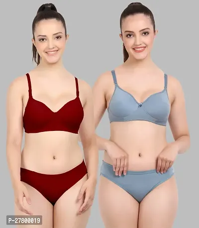 Women Cotton Bra Panty Set for Lingerie Set Pack of 2  Color : Maroon,Blue-thumb0