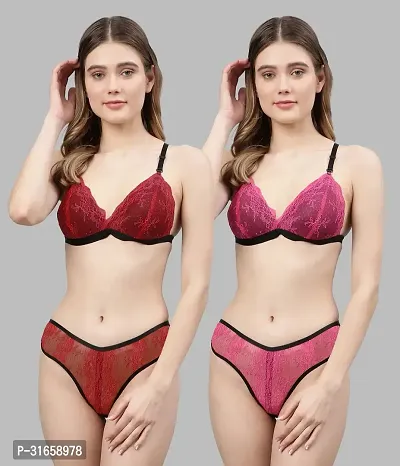 INCURVE-Women Red,Pink Net Bra Panty Set|Lingerie Set|Honeymoon Night Dress Wedding|Valentine Beautiful Gift for Girl|Bra Panty Set for Women with Sexy|Bra Panty Set for Women-thumb0