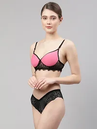 Women Pink Net Bra Panty Set-thumb2