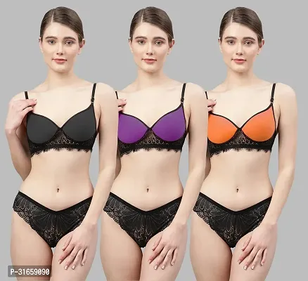 Women Black,Purple,Orange Net Bra Panty Set|Lingerie Set|Honeymoon Night Dress Wedding|Valentine Beautiful Gift for Girl|Bra Panty Set for Women with Sexy|Bra Panty Set for Women-thumb0