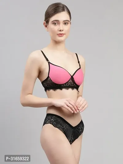 Women Pink Net Bra Panty Set-thumb2