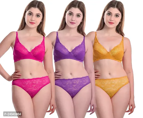 Stylish Multicoloured Self Pattern Bra And Panty Set For Women Pack Of 3-thumb0