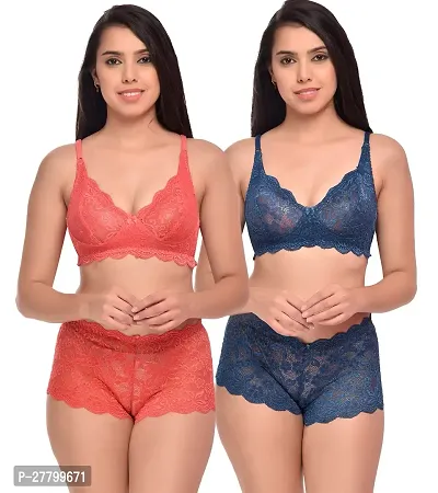 Women Net Bra Panty Set for Lingerie Set Pack of 2  Color : Red,Blue-thumb0