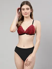 Women Red,Maroon Net Bra Panty Set-thumb1