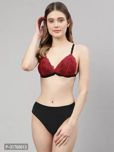 Women Red,Maroon Net Bra Panty Set-thumb2