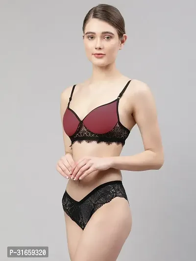 Women Maroon Net Bra Panty Set-thumb3