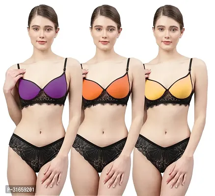 Women Purple,Orange,Brown Net Bra Panty Set|Lingerie Set|Honeymoon Night Dress Wedding|Valentine Beautiful Gift for Girl|Bra Panty Set for Women with Sexy|Bra Panty Set for Women-thumb0