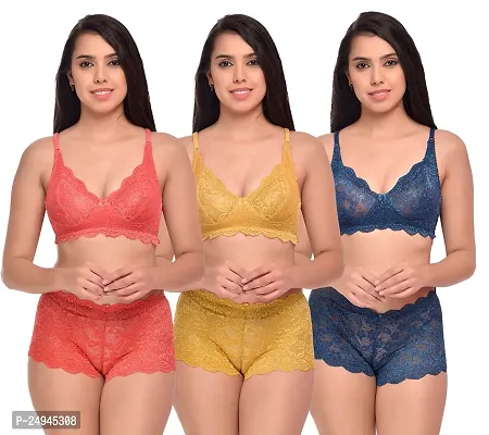 Stylish Multicoloured Self Pattern Bra And Panty Set For Women Pack Of 3-thumb0