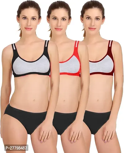 Women Cotton Bra Panty Set for Lingerie Set Pack of 3  Color : Black,Red,Maroon-thumb0