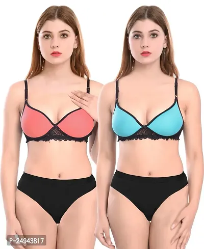 Stylish Multicoloured Self Pattern Bra And Panty Set For Women Pack Of 2-thumb0