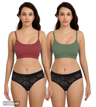 Stylish Multicolored Cotton Solid Bra And Panty Set Pack Of 2