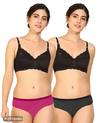 Women Cotton Bra Panty Set for Lingerie Set Pack of 2  Color : Pink,Black-thumb0