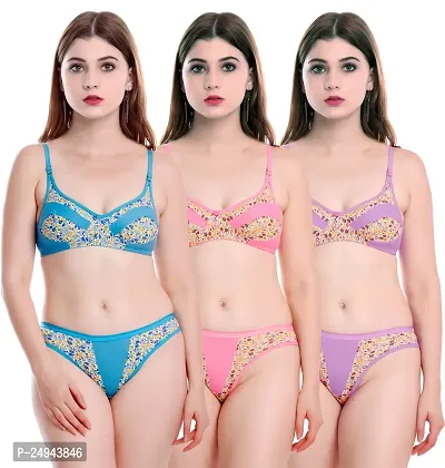 Stylish Multicoloured Self Pattern Bra And Panty Set For Women Pack Of 3-thumb0