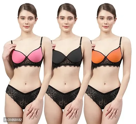 Women Pink,Black,Orange Net Bra Panty Set|Lingerie Set|Honeymoon Night Dress Wedding|Valentine Beautiful Gift for Girl|Bra Panty Set for Women with Sexy|Bra Panty Set for Women-thumb0