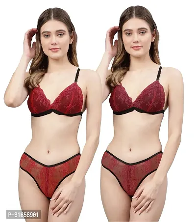 INCURVE-Women Red,Maroon Net Bra Panty Set|Lingerie Set|Honeymoon Night Dress Wedding|Valentine Beautiful Gift for Girl|Bra Panty Set for Women with Sexy|Bra Panty Set for Women-thumb0