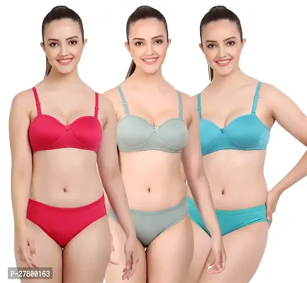 Women Cotton Bra Panty Set for Lingerie Set Pack of 3  Color : Red,Green,R-Blue-thumb0