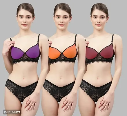 Women Purple,Orange,Maroon Net Bra Panty Set|Lingerie Set|Honeymoon Night Dress Wedding|Valentine Beautiful Gift for Girl|Bra Panty Set for Women with Sexy|Bra Panty Set for Women-thumb0