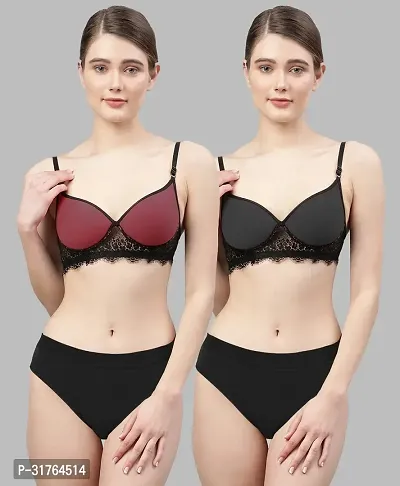 Women Maroon,Black Cotton Bra Panty Set-thumb0