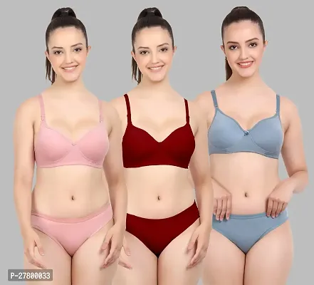 Women Cotton Bra Panty Set for Lingerie Set Pack of 3  Color : Pink,Maroon,Blue-thumb0