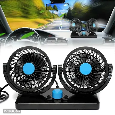 Iivaas 12V Electric Car Cooling Fan 360deg; Rotatable Dual Heads Air Circulator Fan Manual Rotation 2 Speed for All Cars (Black)-thumb0