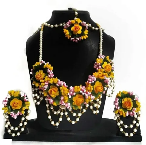 STYLE REVOLVER Women`s Necklace, Maang Tikka, Earring & Ring Set For Haldi, Mehndi, Sangeet, Godbharari, Maternity Shoot(FK_baby pink,yellow 4 bridal jewel set)