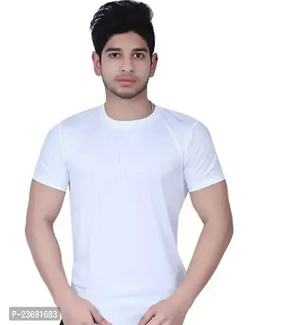 Reliable White Polyester Solid Round Neck Tees For Men-thumb0