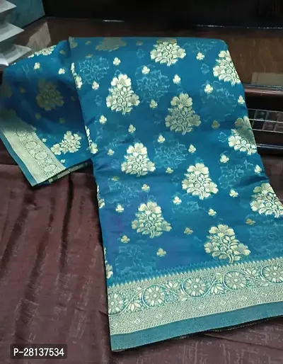Stylish Cotton Silk Blue Printed Saree with Blouse piece