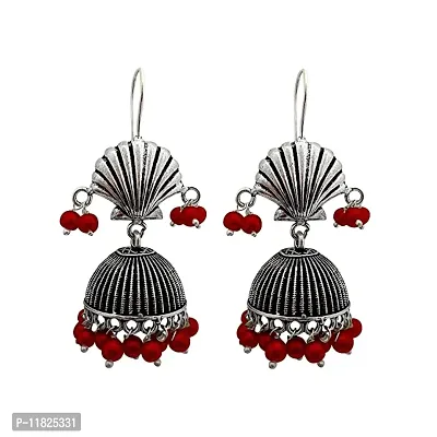 Stylish Shell Design Gemstones Beads Oxidized Jhumka Earring Silver Finish Trendy Jhumka Earrings For Women Girls Red-thumb0