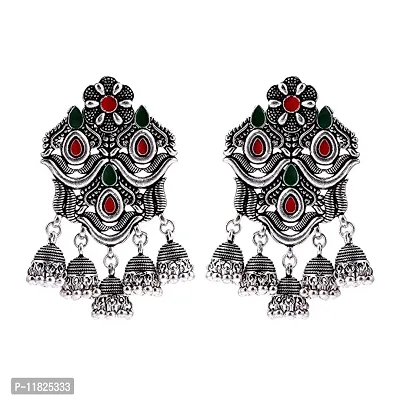 Stylish Meena Kari Meena Work Silver Oxidized Jhumka Earrings For Women, Oxidized Jhumka Earrings For Girls 1 Pair, Red-Green-thumb0