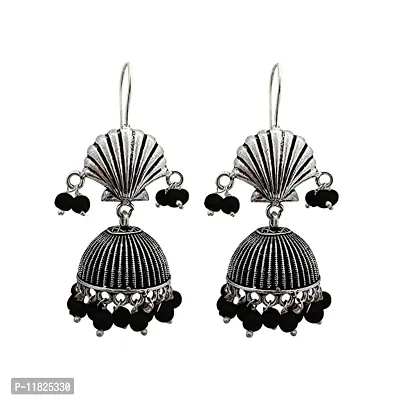 Stylish Shell Design Gemstones Beads Oxidized Jhumka Earring Silver Finish Trendy Jhumka Earrings For Women Girls Black-thumb0