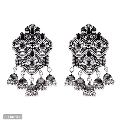 Stylish Meena Kari Meena Work Silver Oxidized Jhumka Earrings For Women Girls, Multi Jhumka Earrings Set 1 Pair, Black-thumb0