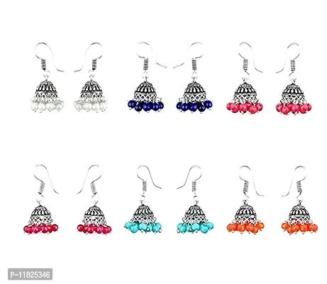 Stylish The Creative Impression Designer Multicolor Stylish Oxidized Silver-Plated Latest Combo Of 6 Jhumka Earrings For Women Traditional Jhumka Combo Of 6 Color Beads Earrings For Girls-thumb0