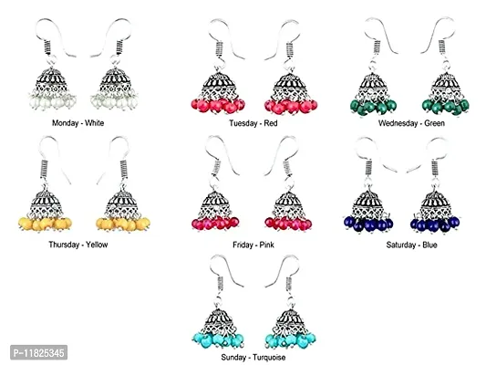 Stylish Designer Multicolor Stylish Oxidized Silver-Plated Latest Combo Of 7 Jhumka Earrings For Women - 1 For Each Weekday Traditional Jhumka Combo Of 7 Color Beads Earrings For Girls