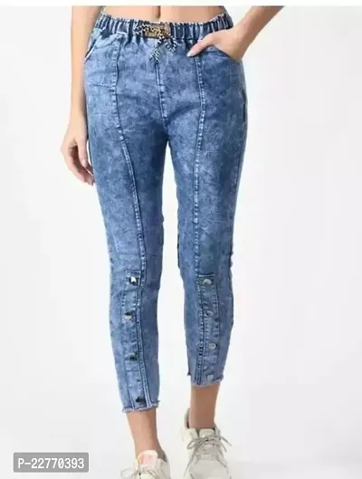 Elegant Blue Denim Solid Jeans For Girls-thumb0