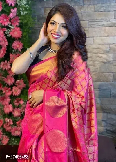 Beautiful Pink Silk Blend Saree with Blouse piece For Women-thumb0